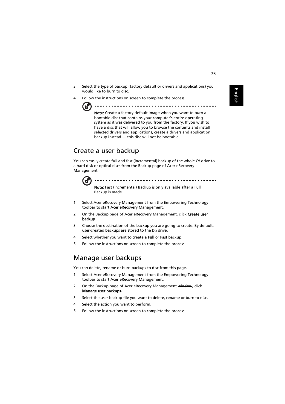 Create a user backup, Manage user backups | Acer Aspire 8920G User Manual | Page 95 / 109