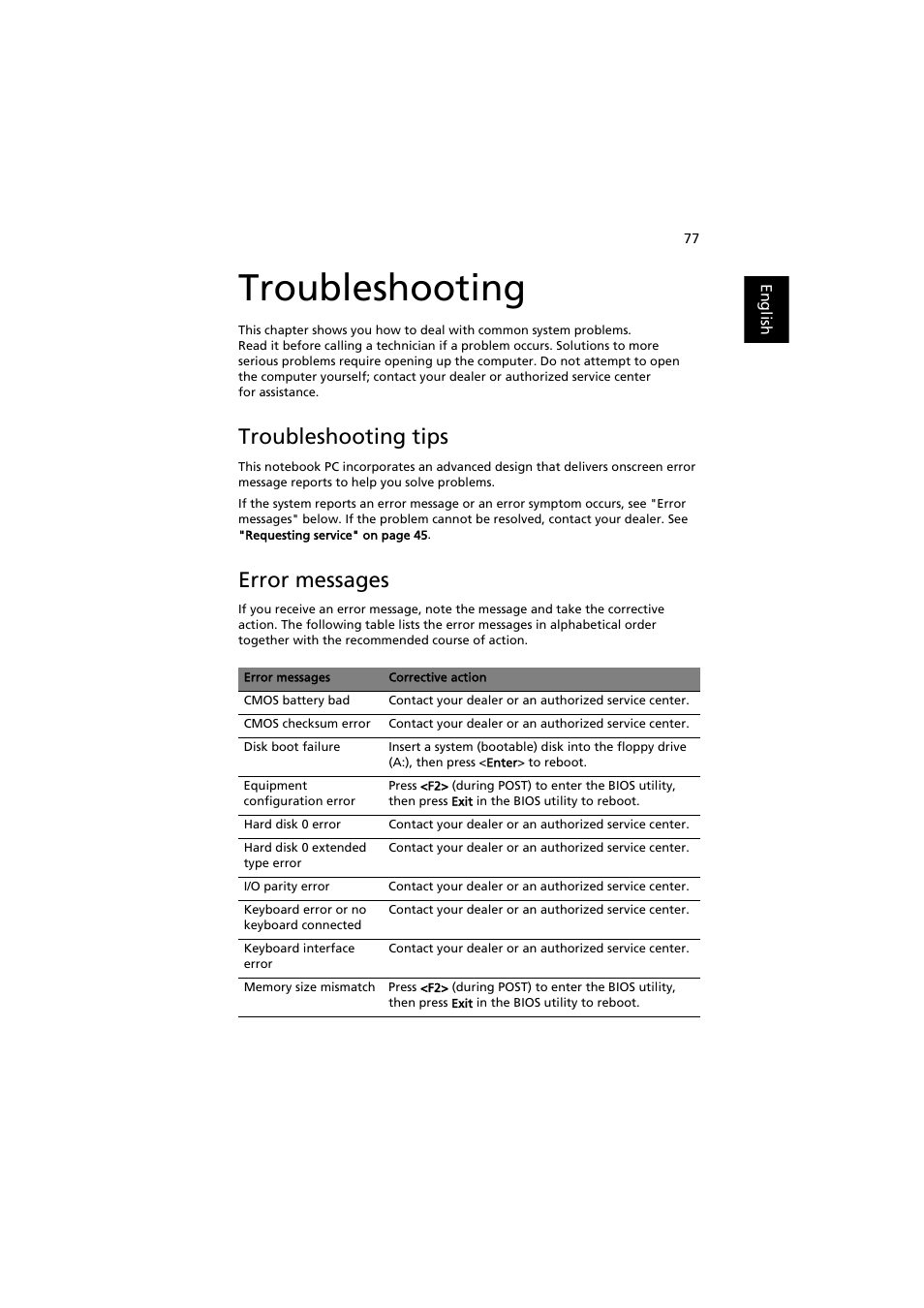 Troubleshooting, Troubleshooting tips, Error messages | Acer Aspire 8920G User Manual | Page 97 / 109