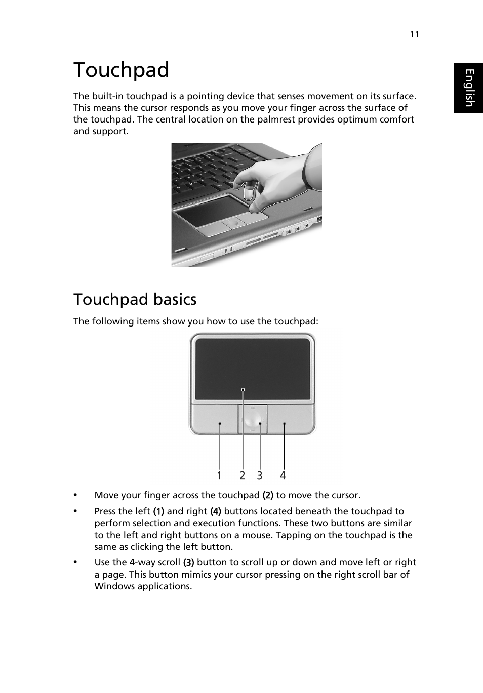 Touchpad, Touchpad basics | Acer TravelMate 4020 User Manual | Page 19 / 66