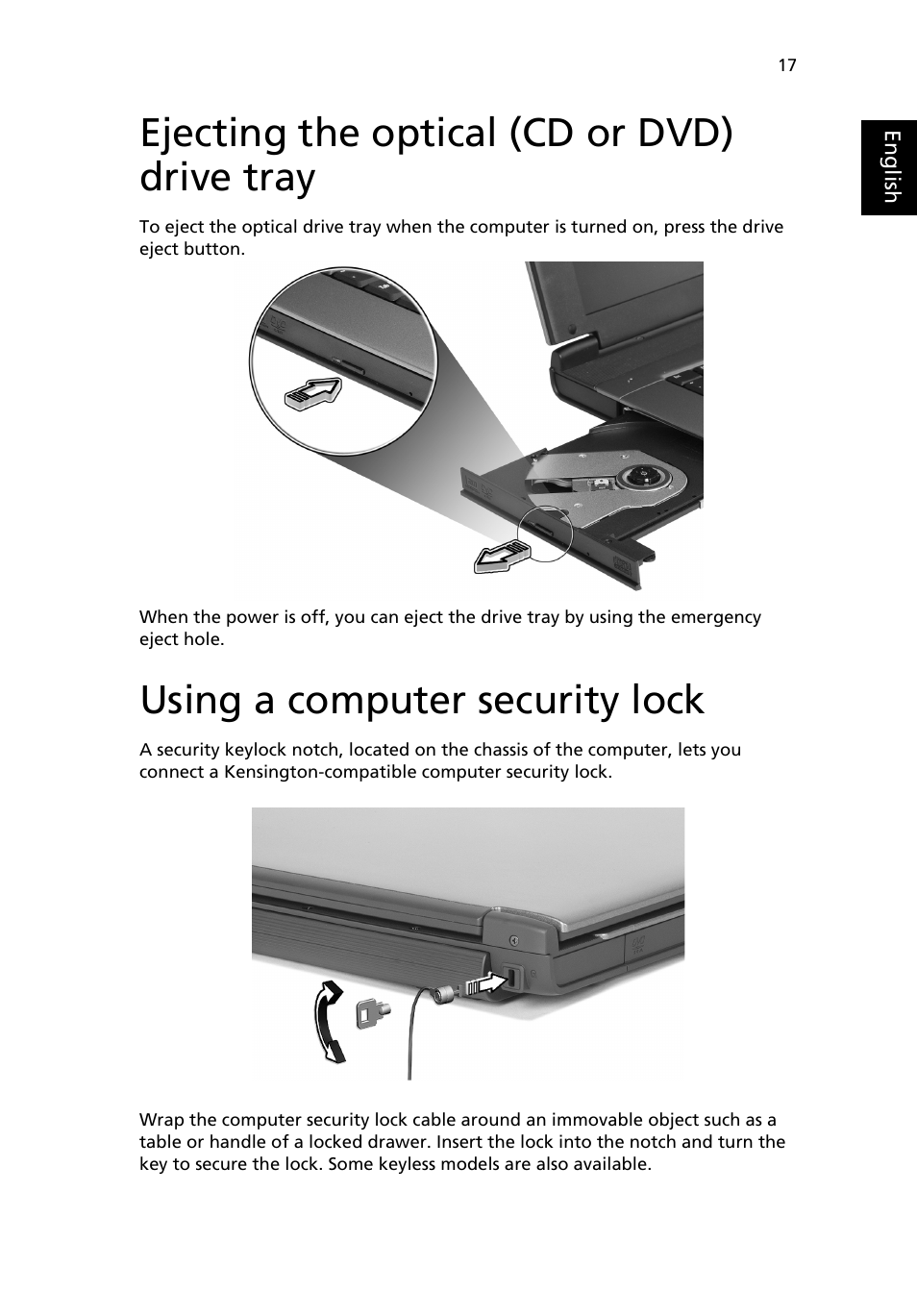 Ejecting the optical (cd or dvd) drive tray, Using a computer security lock | Acer TravelMate 4020 User Manual | Page 25 / 66