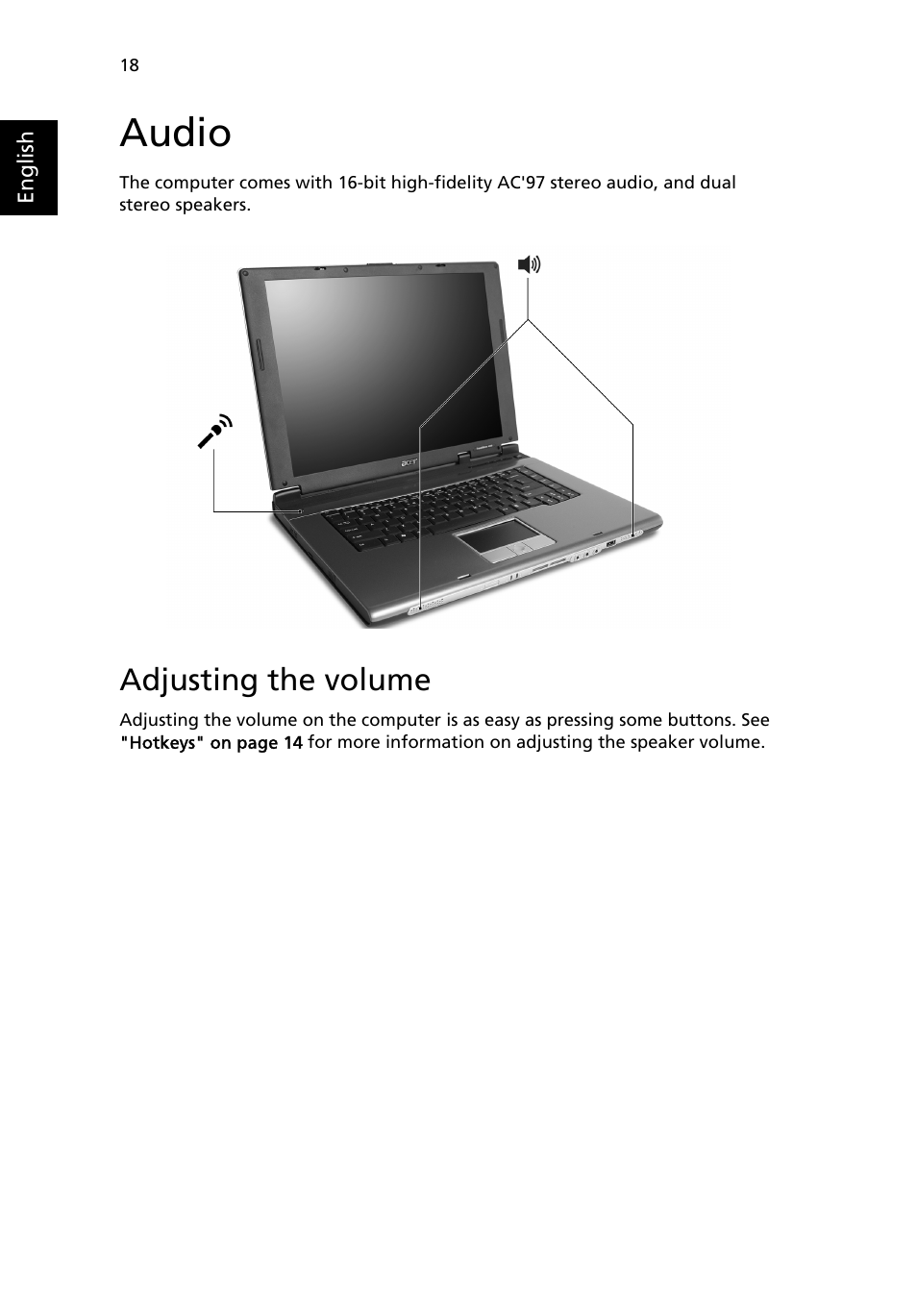 Audio, Adjusting the volume | Acer TravelMate 4020 User Manual | Page 26 / 66