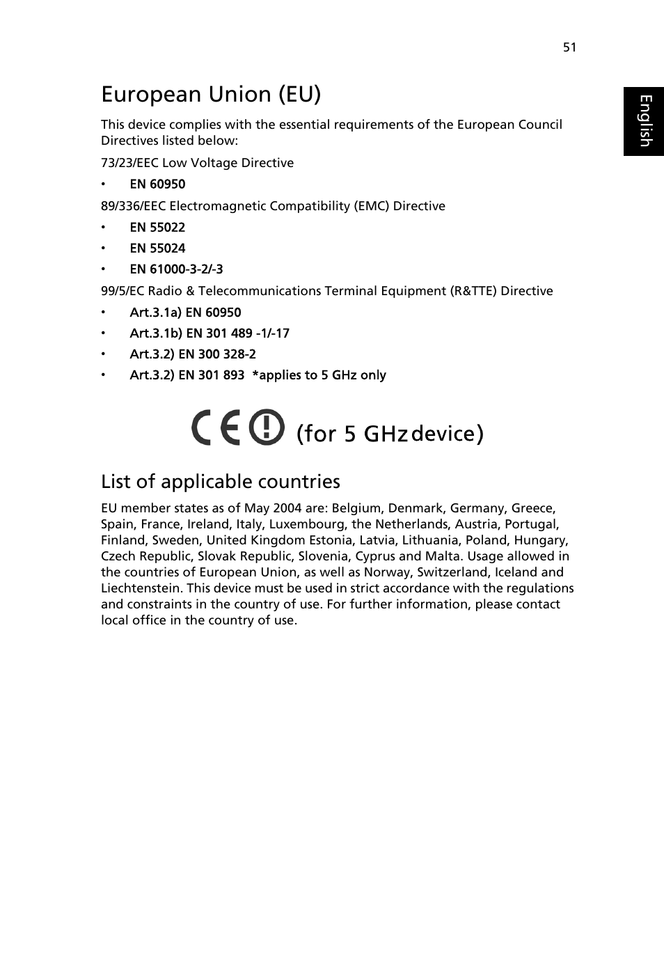 European union (eu), List of applicable countries | Acer TravelMate 4020 User Manual | Page 59 / 66