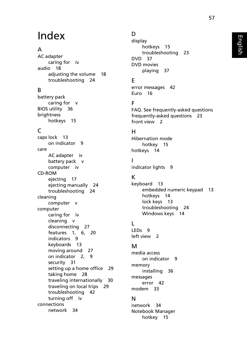 Index | Acer TravelMate 4020 User Manual | Page 65 / 66