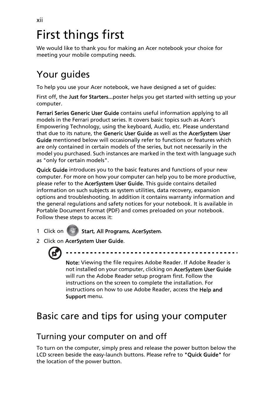 First things first, Your guides, Basic care and tips for using your computer | Turning your computer on and off | Acer Ferrari 3400 User Manual | Page 12 / 78