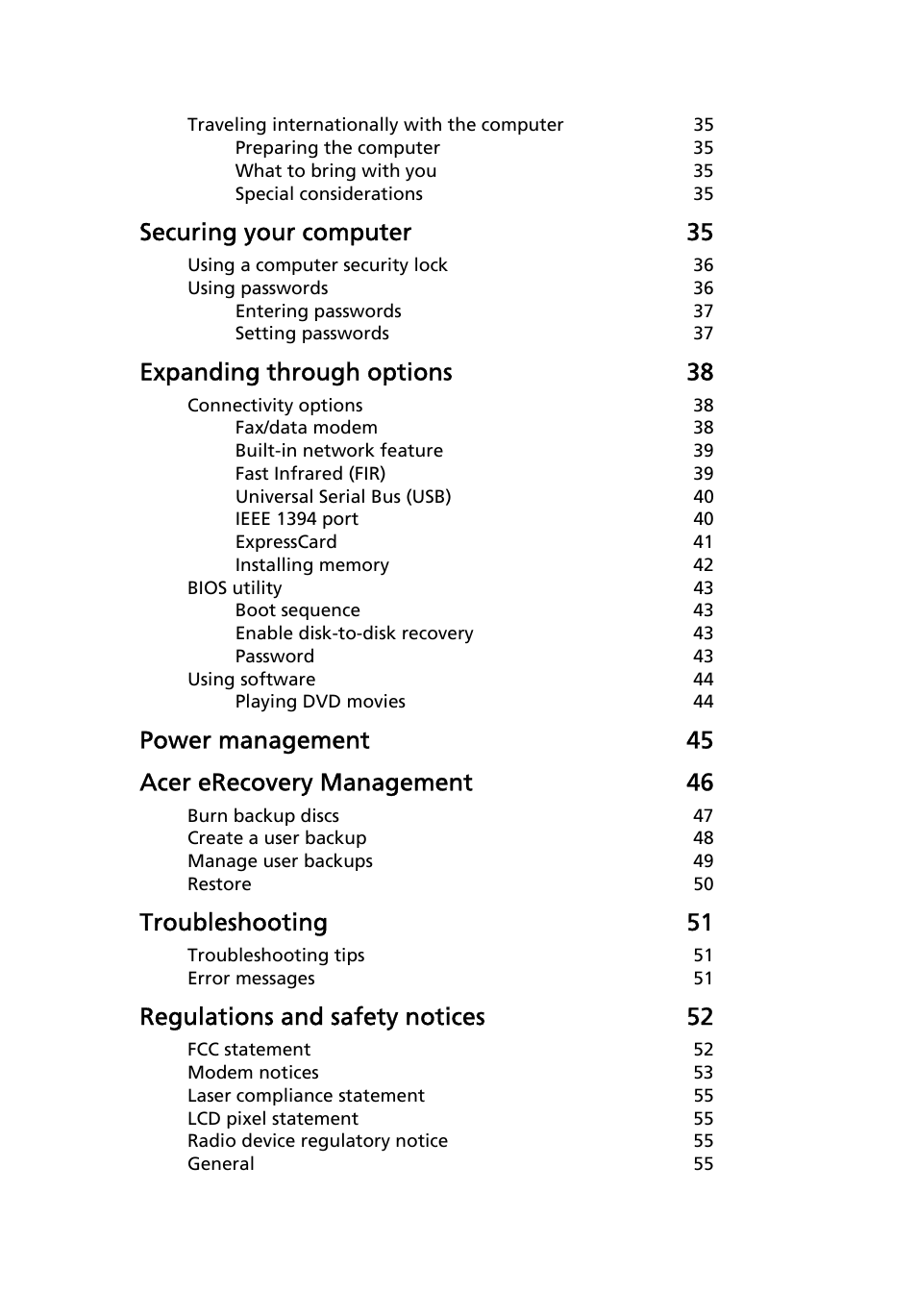 Securing your computer 35, Expanding through options 38, Power management 45 acer erecovery management 46 | Troubleshooting 51, Regulations and safety notices 52 | Acer Ferrari 3400 User Manual | Page 17 / 78