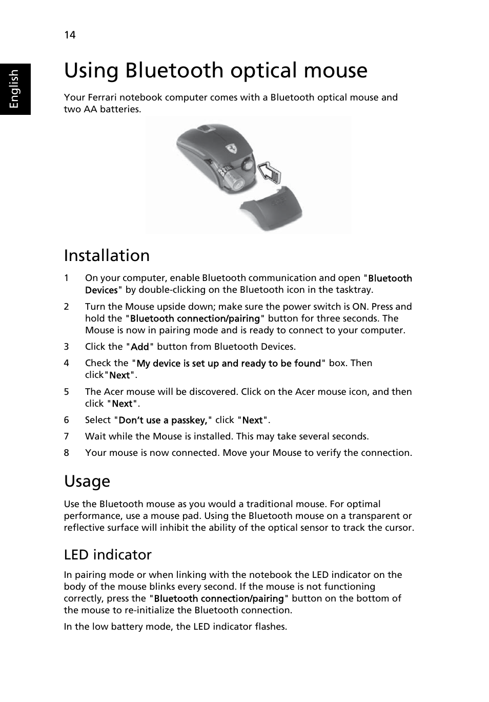 Using bluetooth optical mouse, Installation, Usage | Led indicator | Acer Ferrari 3400 User Manual | Page 32 / 78