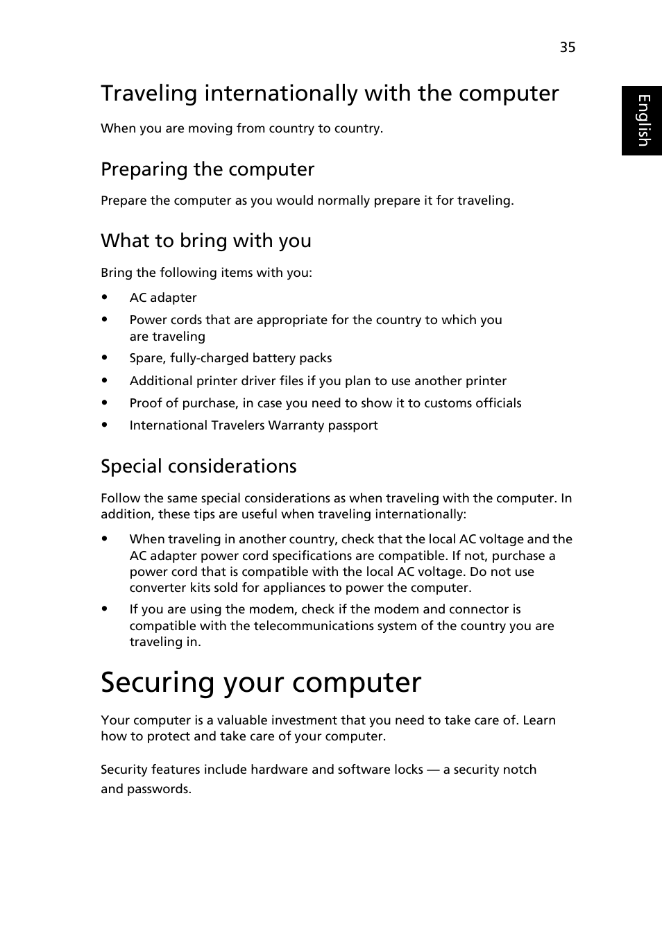 Traveling internationally with the computer, Securing your computer, Preparing the computer | What to bring with you, Special considerations | Acer Ferrari 3400 User Manual | Page 53 / 78