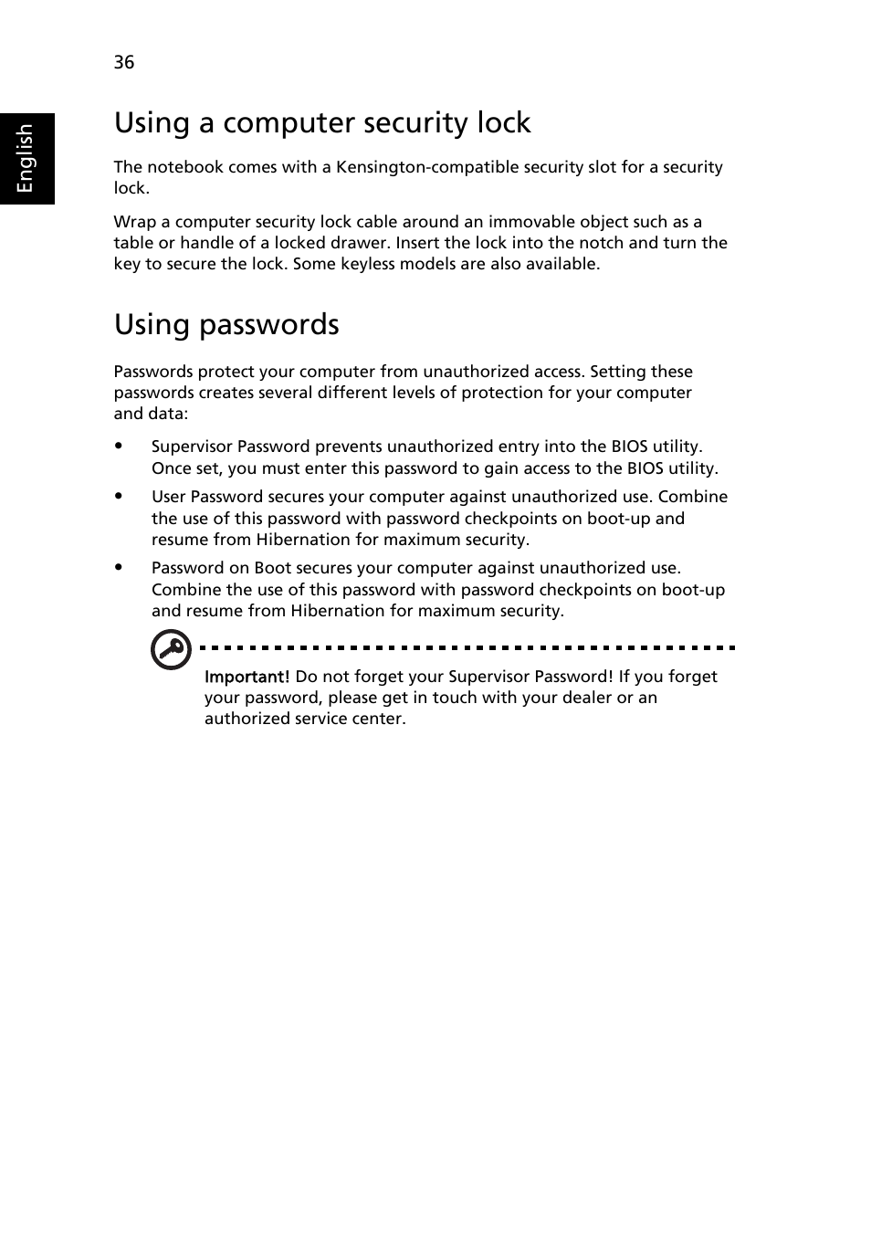 Using a computer security lock, Using passwords | Acer Ferrari 3400 User Manual | Page 54 / 78