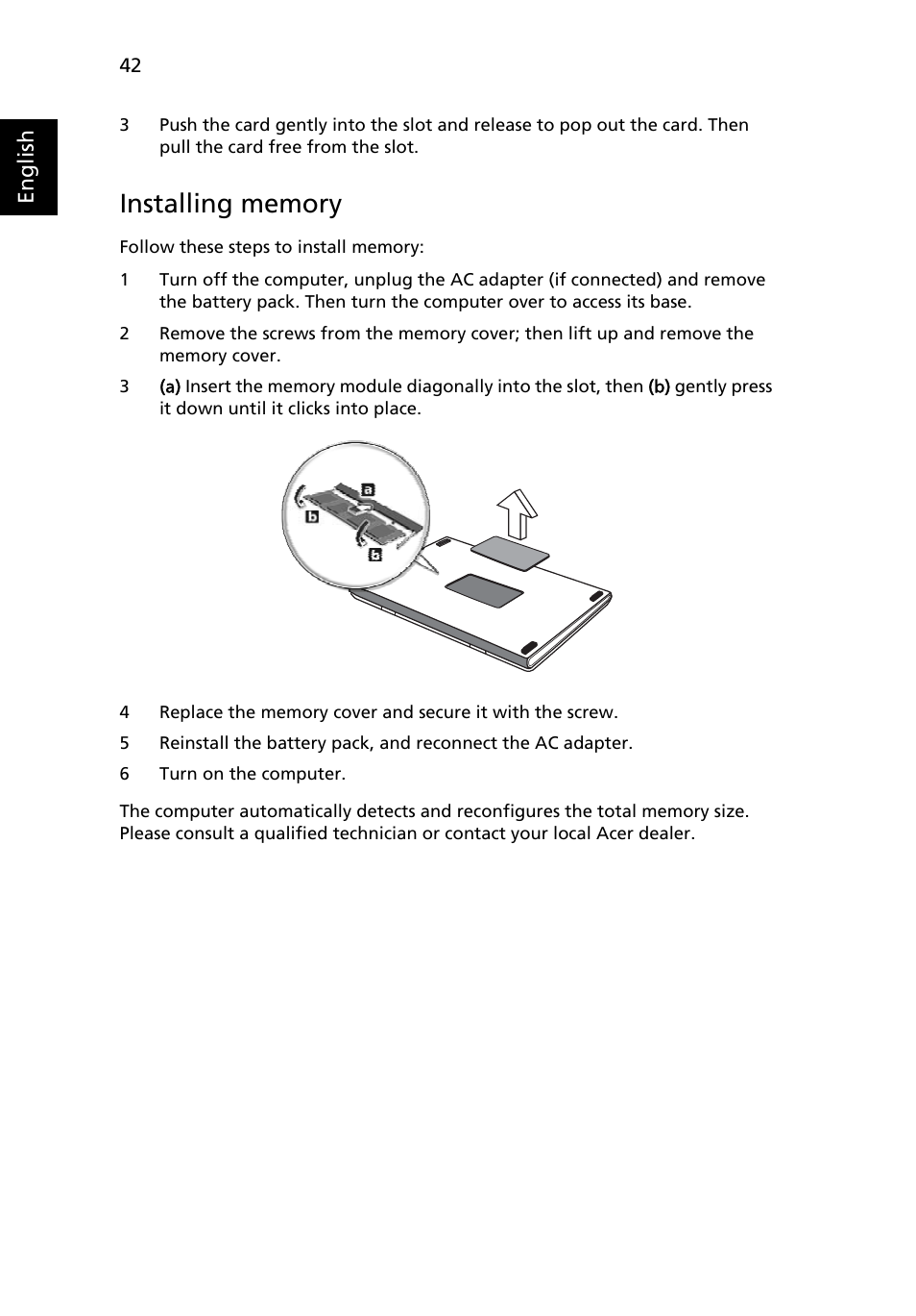 Installing memory | Acer Ferrari 3400 User Manual | Page 60 / 78