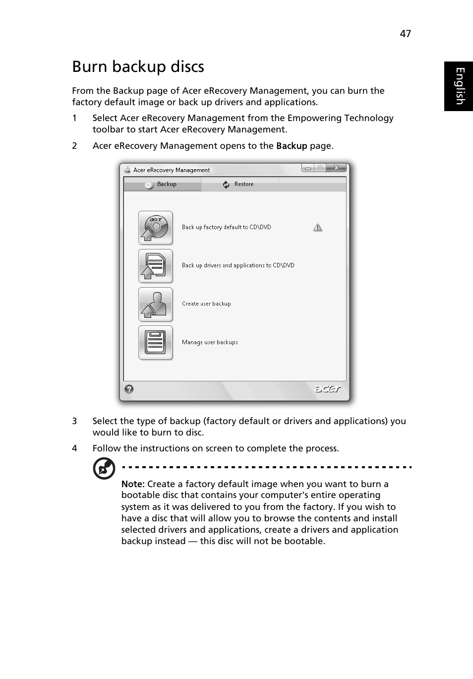 Burn backup discs | Acer Ferrari 3400 User Manual | Page 65 / 78
