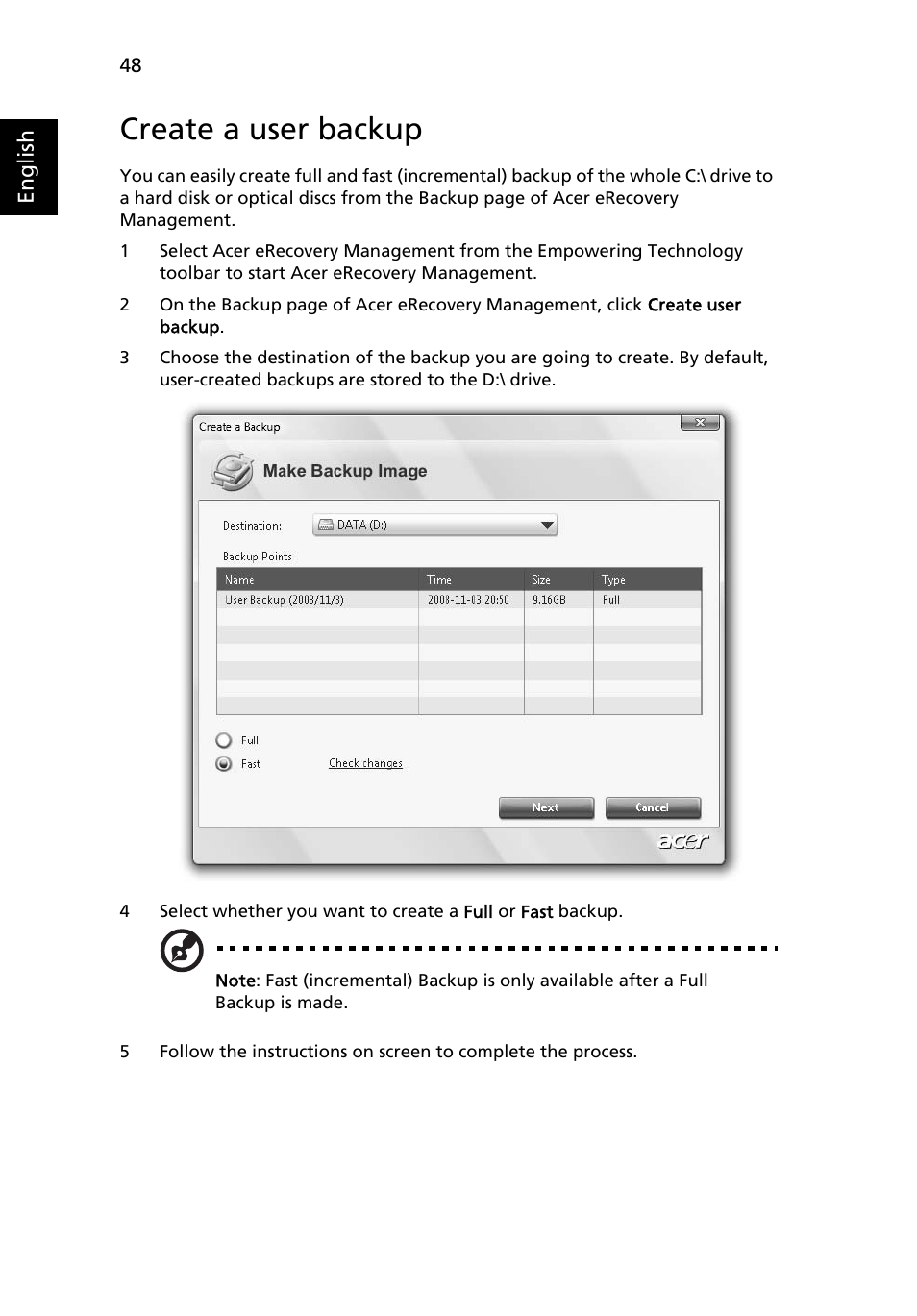 Create a user backup | Acer Ferrari 3400 User Manual | Page 66 / 78