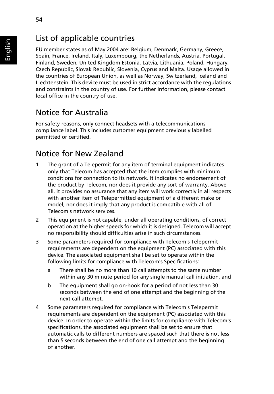 List of applicable countries, Notice for australia, Notice for new zealand | Acer Ferrari 3400 User Manual | Page 72 / 78