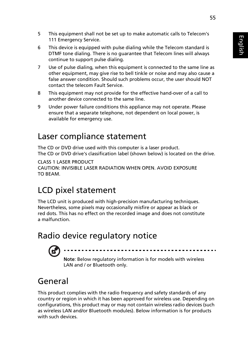 Laser compliance statement, Lcd pixel statement, Radio device regulatory notice | General | Acer Ferrari 3400 User Manual | Page 73 / 78