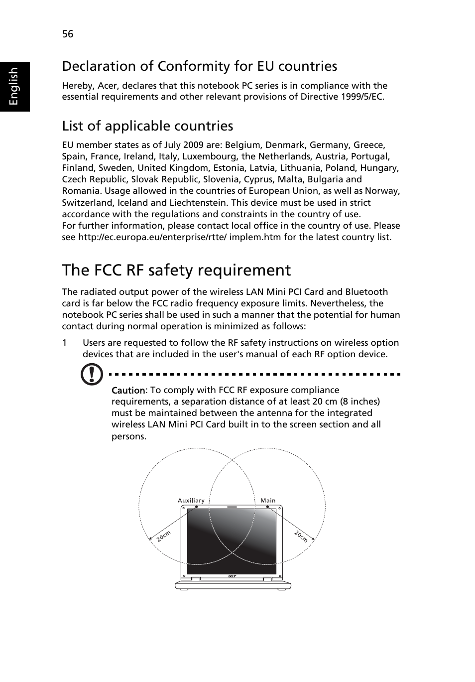 The fcc rf safety requirement, Declaration of conformity for eu countries, List of applicable countries | Acer Ferrari 3400 User Manual | Page 74 / 78