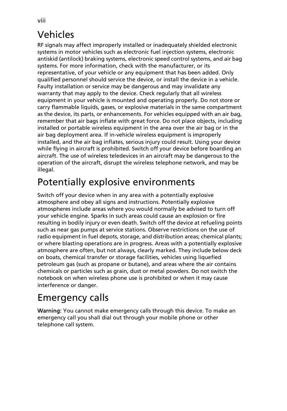 Vehicles, Potentially explosive environments, Emergency calls | Acer Ferrari 3400 User Manual | Page 8 / 78