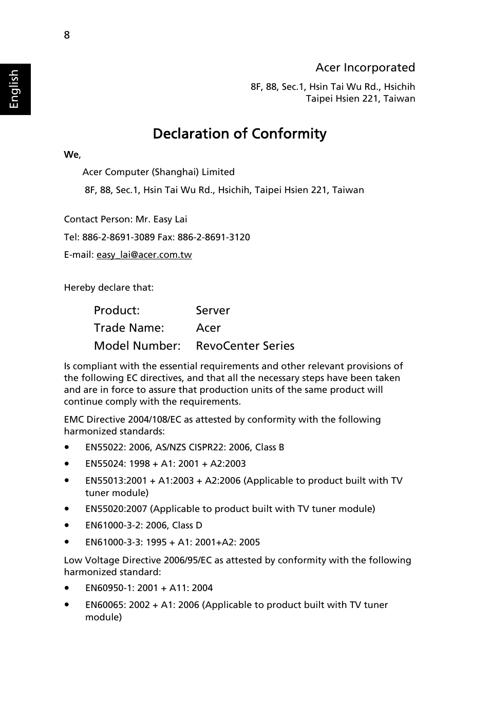 Declaration of conformity | Acer RC111 User Manual | Page 10 / 38