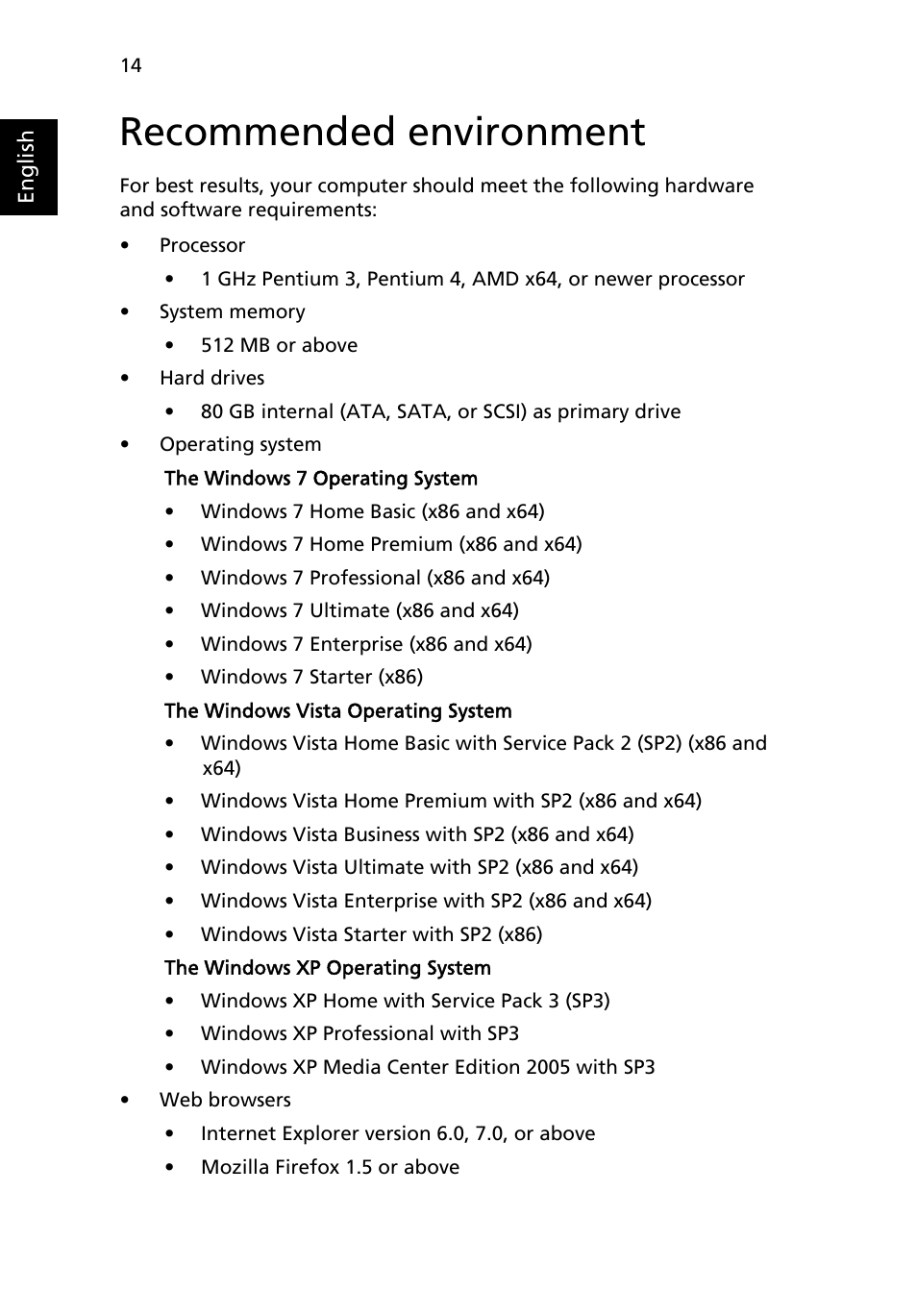 Recommended environment | Acer RC111 User Manual | Page 16 / 38