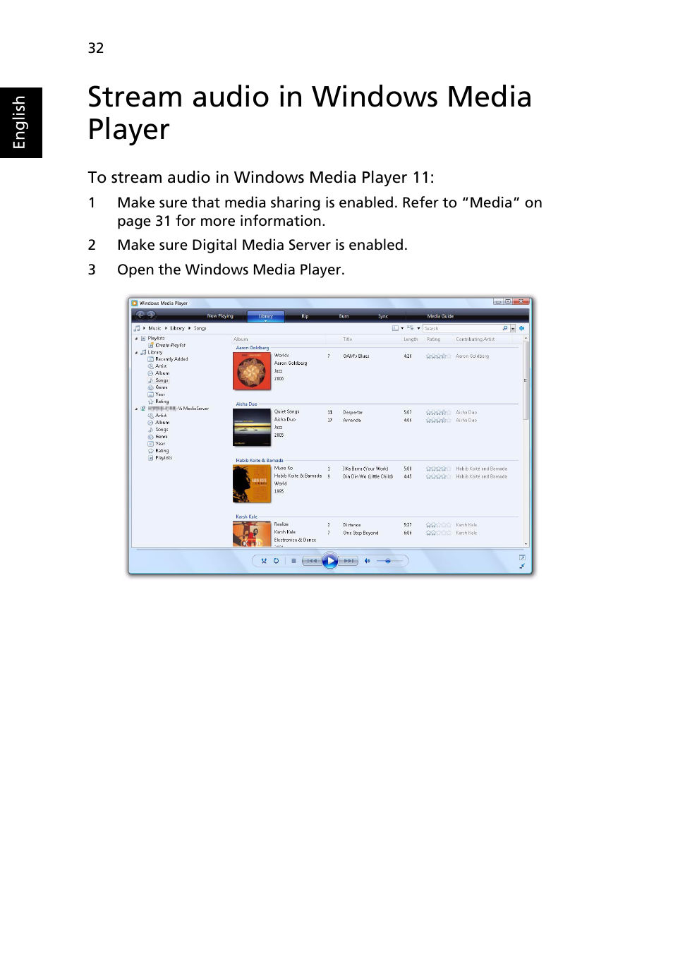 Stream audio in windows media player | Acer RC111 User Manual | Page 34 / 38