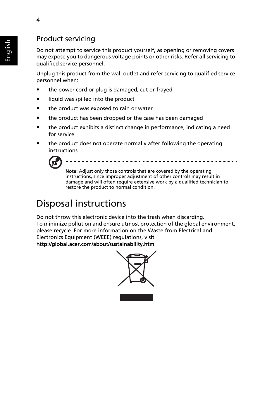 Disposal instructions, Product servicing | Acer RC111 User Manual | Page 6 / 38