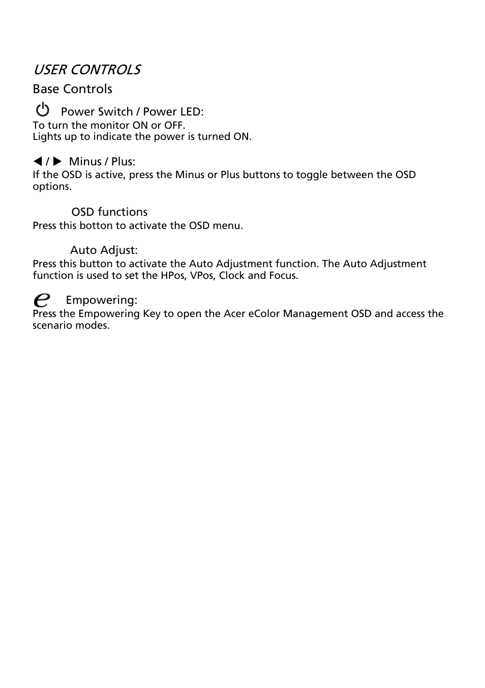 User controls | Acer G246HQL User Manual | Page 18 / 28