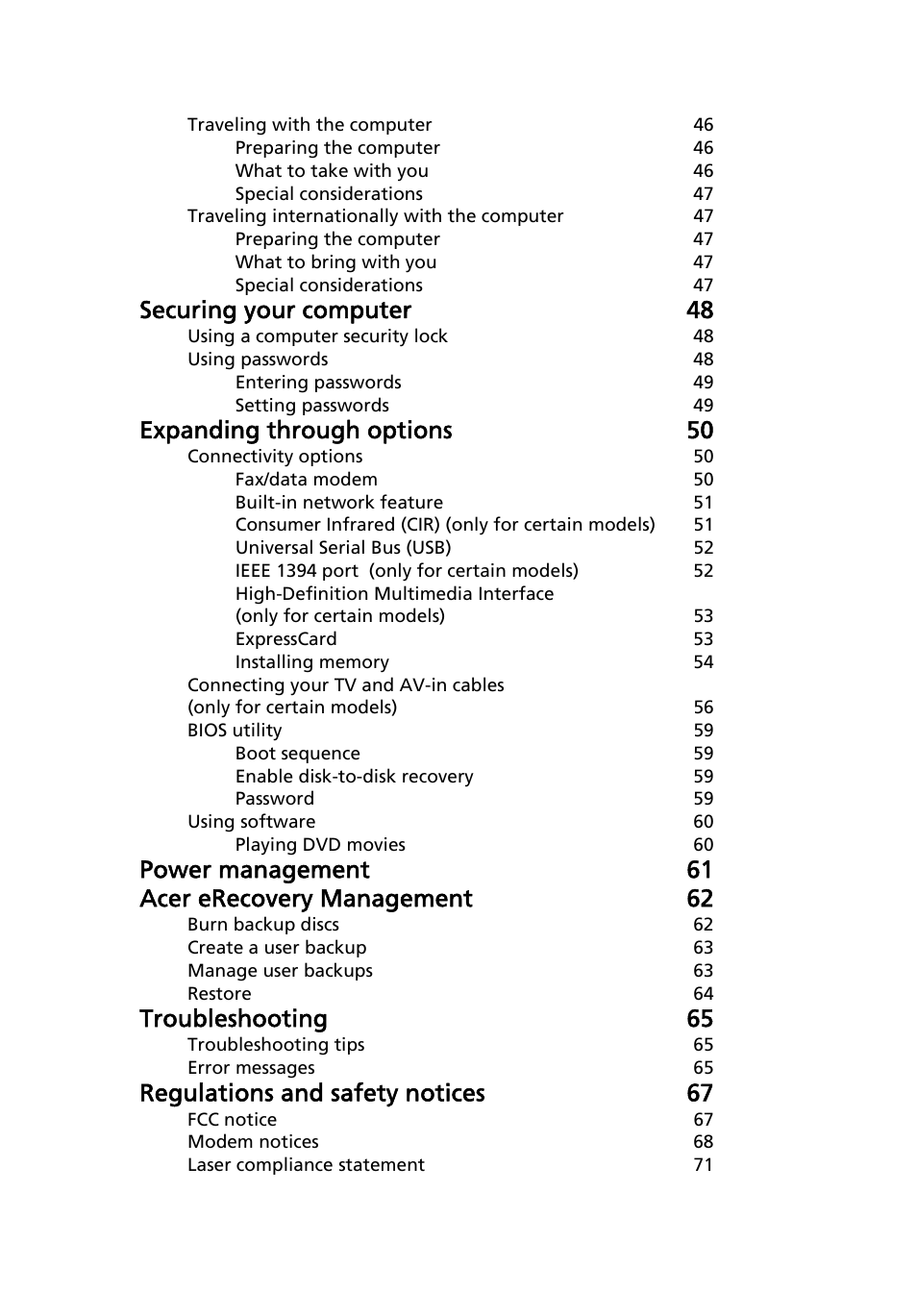 Securing your computer 48, Expanding through options 50, Power management 61 acer erecovery management 62 | Troubleshooting 65, Regulations and safety notices 67 | Acer Aspire 5930Z User Manual | Page 17 / 95