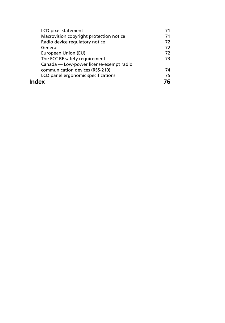 Index 76 | Acer Aspire 5930Z User Manual | Page 18 / 95