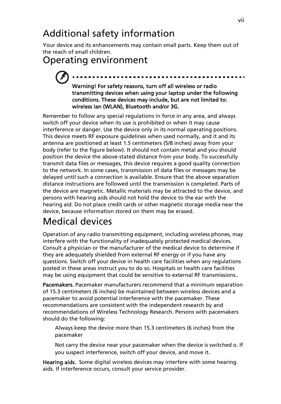 Additional safety information, Operating environment, Medical devices | Acer Aspire 5930Z User Manual | Page 7 / 95