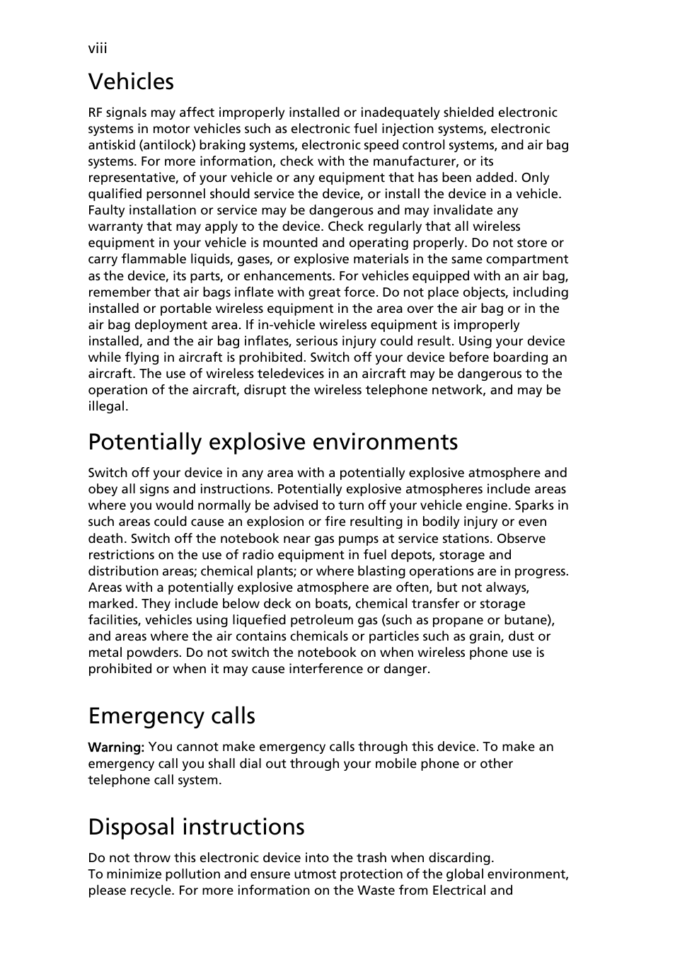 Vehicles, Potentially explosive environments, Emergency calls | Disposal instructions | Acer Aspire 5930Z User Manual | Page 8 / 95