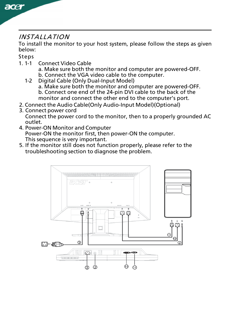 Installation | Acer G195WL User Manual | Page 13 / 23