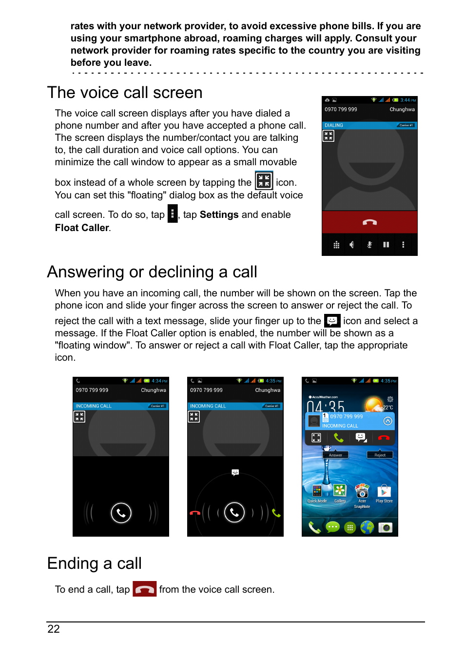 The voice call screen, Answering or declining a call, Ending a call | Acer Z160 User Manual | Page 22 / 60