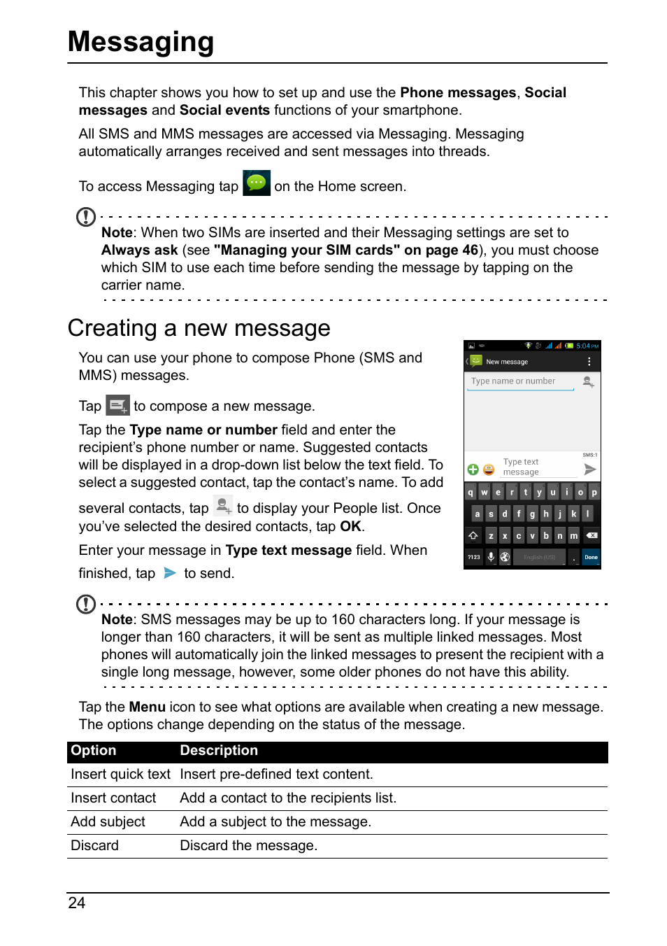 Messaging, Creating a new message | Acer Z160 User Manual | Page 24 / 60