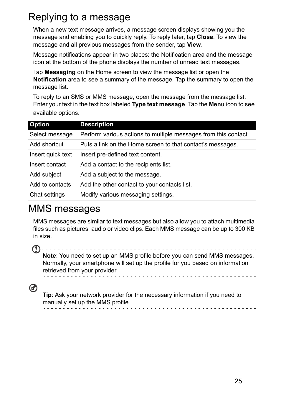 Replying to a message, Mms messages, Replying to a message mms messages | Acer Z160 User Manual | Page 25 / 60