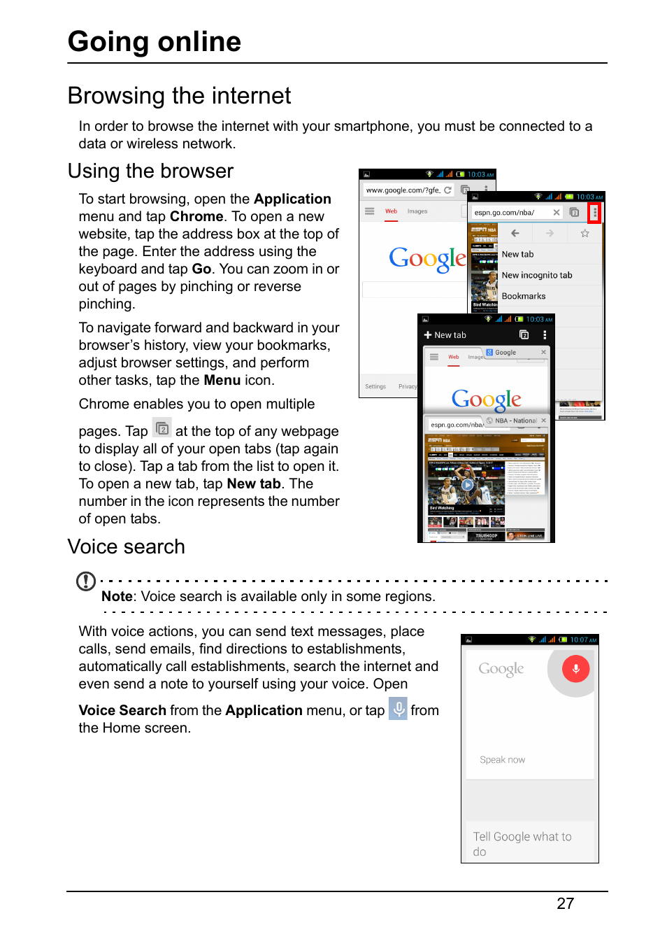 Going online, Browsing the internet, Using the browser | Voice search | Acer Z160 User Manual | Page 27 / 60