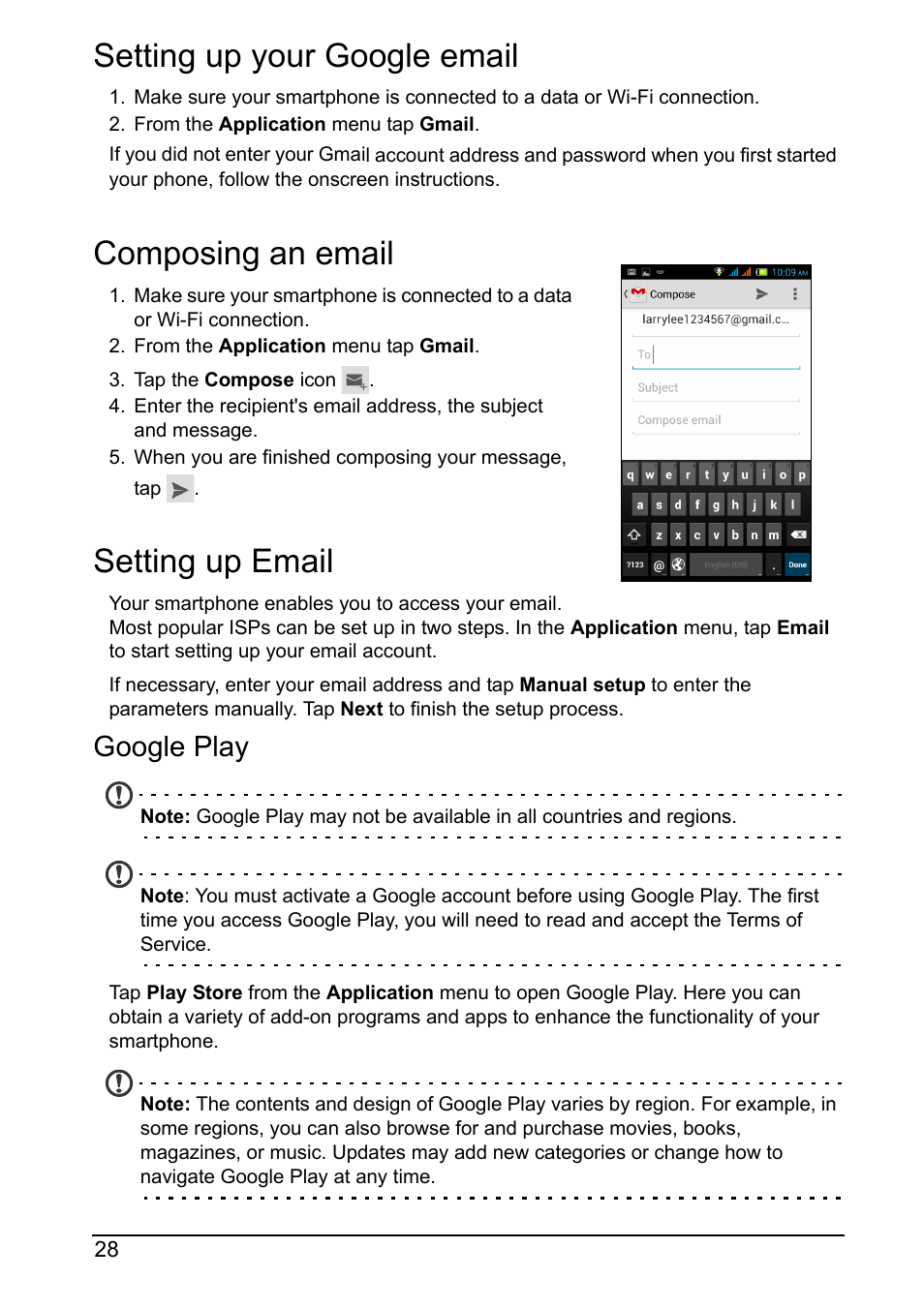 Setting up your google email, Composing an email, Setting up email | Google play | Acer Z160 User Manual | Page 28 / 60