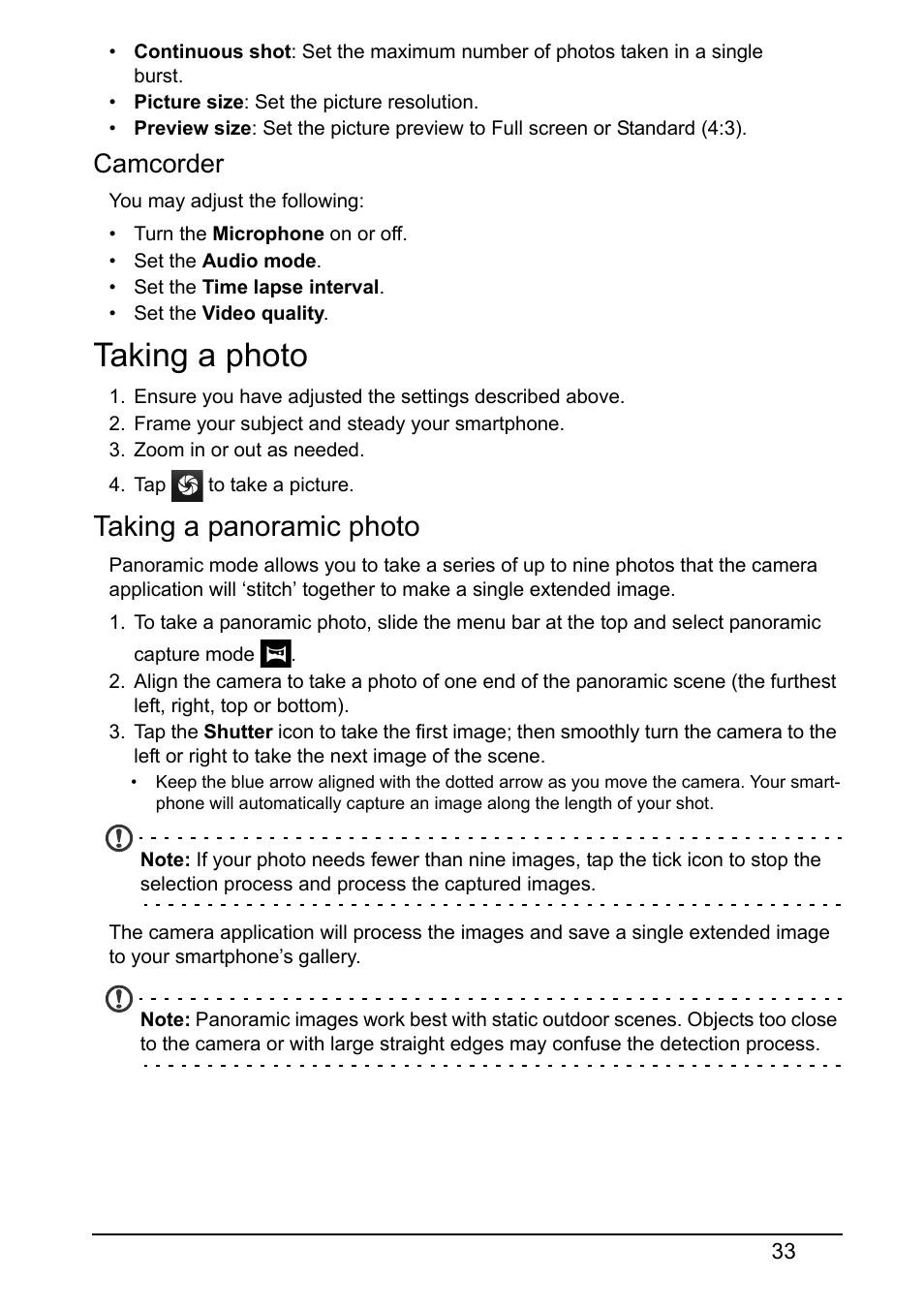 Taking a photo, Taking a panoramic photo, Camcorder | Acer Z160 User Manual | Page 33 / 60