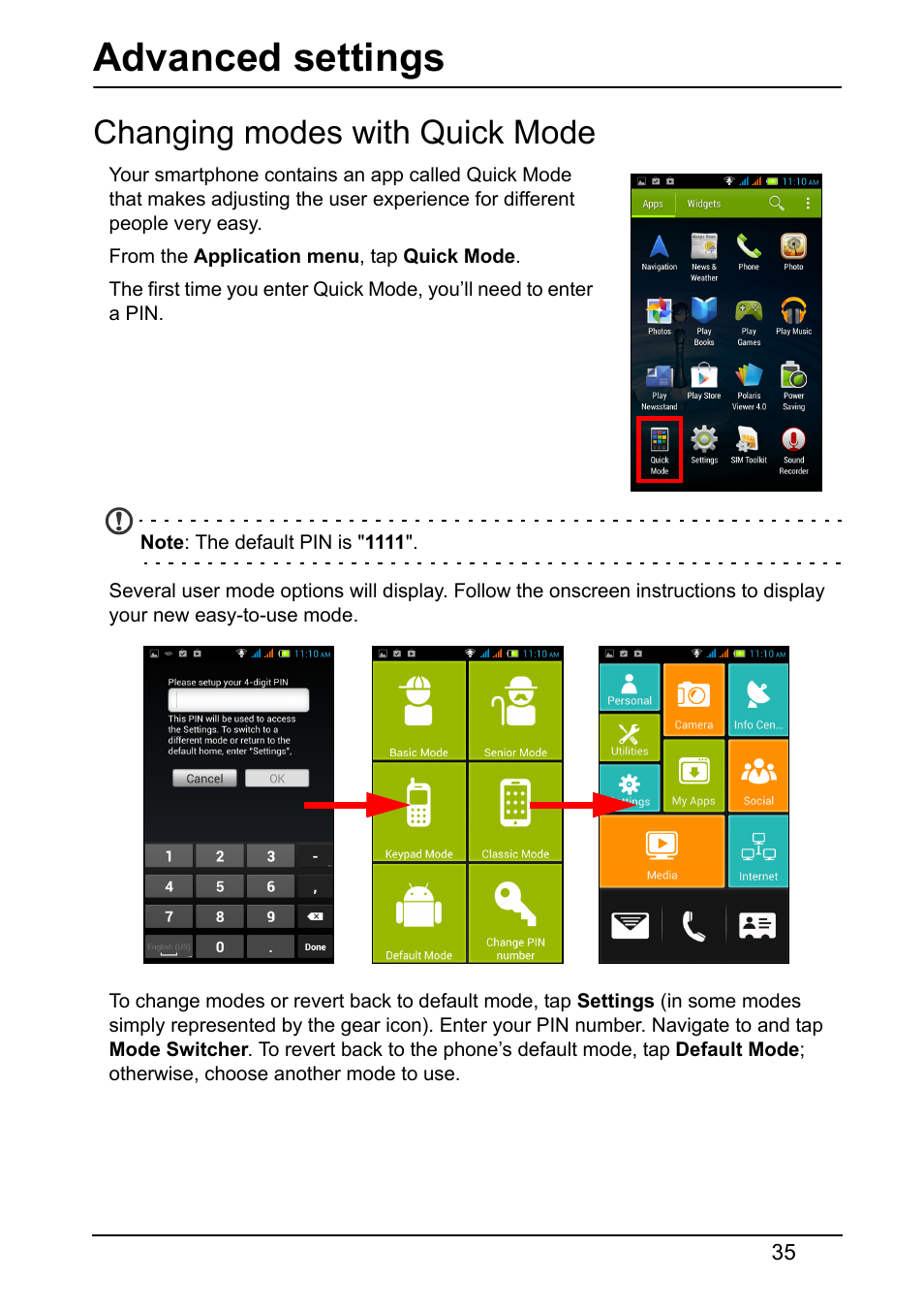 Advanced settings, Changing modes with quick mode | Acer Z160 User Manual | Page 35 / 60