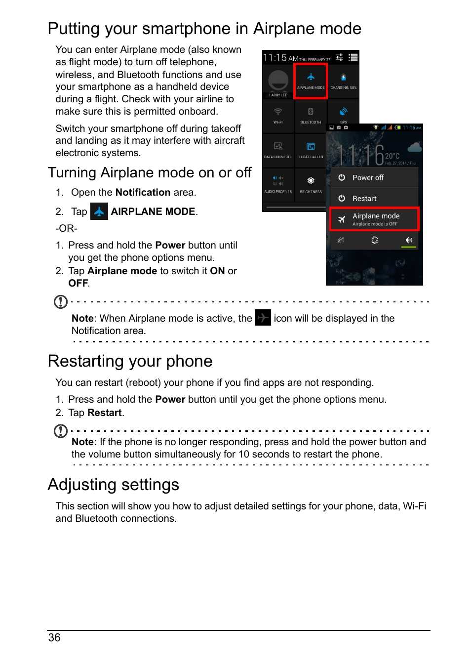 Putting your smartphone in airplane mode, Turning airplane mode on or off, Restarting your phone | Adjusting settings | Acer Z160 User Manual | Page 36 / 60