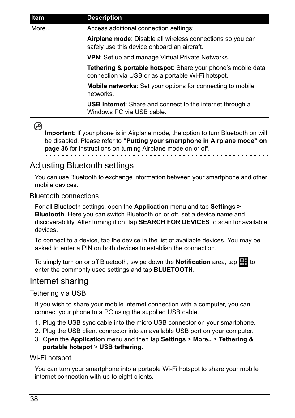 Adjusting bluetooth settings, Internet sharing | Acer Z160 User Manual | Page 38 / 60