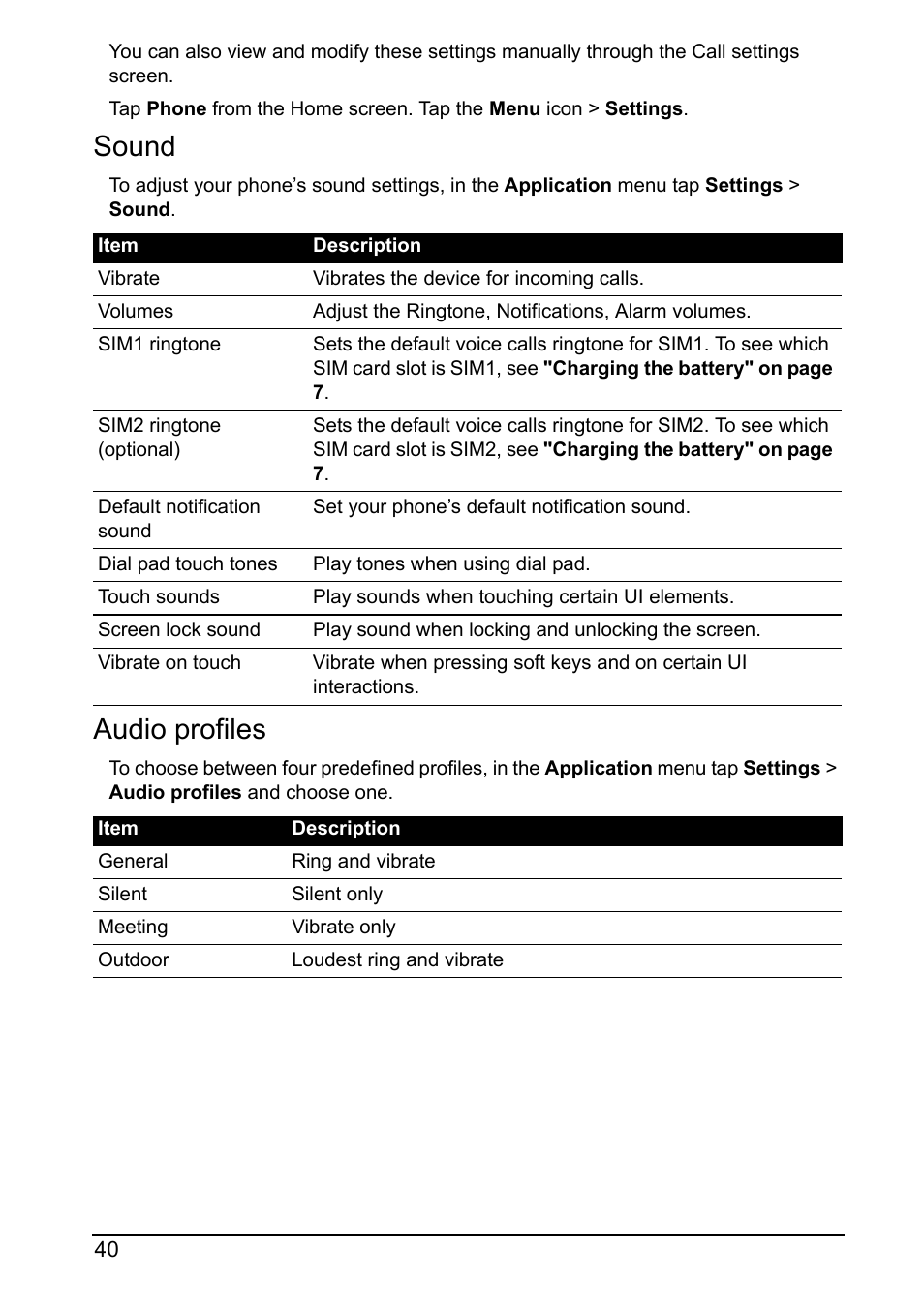 Sound, Audio profiles | Acer Z160 User Manual | Page 40 / 60