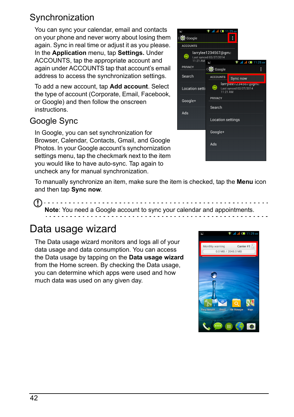 Synchronization, Data usage wizard, Google sync | Acer Z160 User Manual | Page 42 / 60