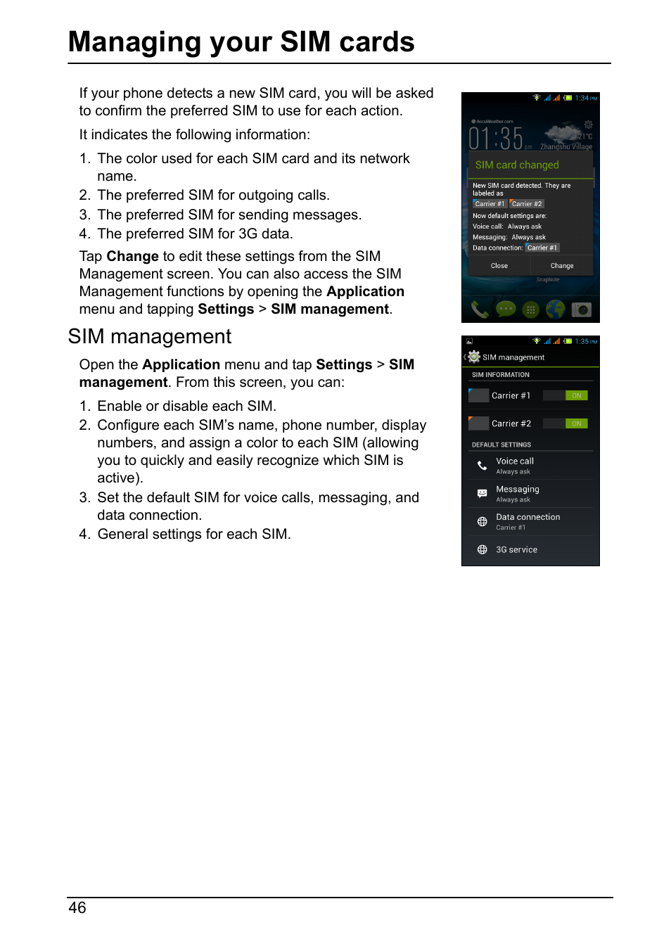 Managing your sim cards, Sim management | Acer Z160 User Manual | Page 46 / 60