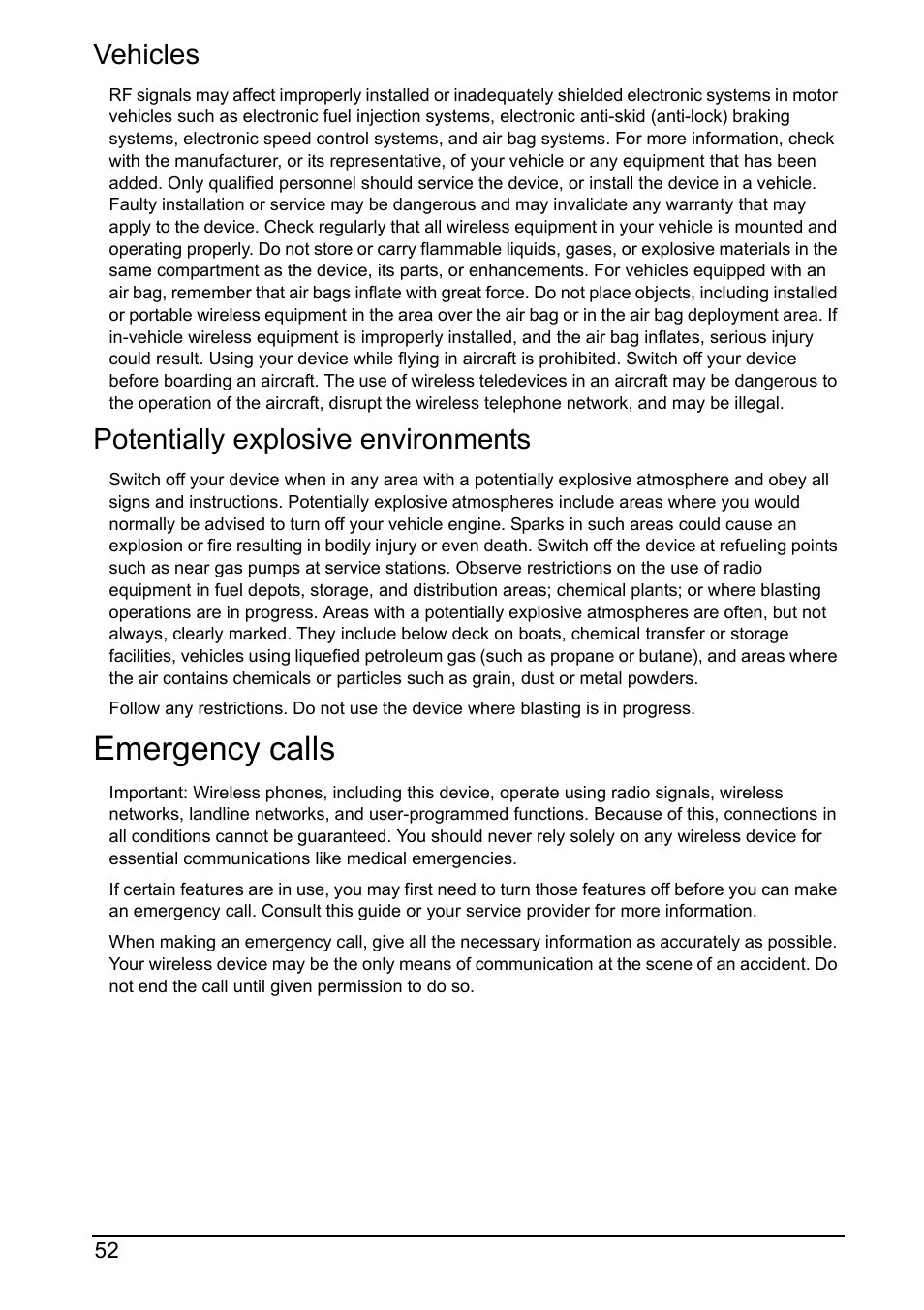 Vehicles, Potentially explosive environments, Emergency calls | Acer Z160 User Manual | Page 52 / 60