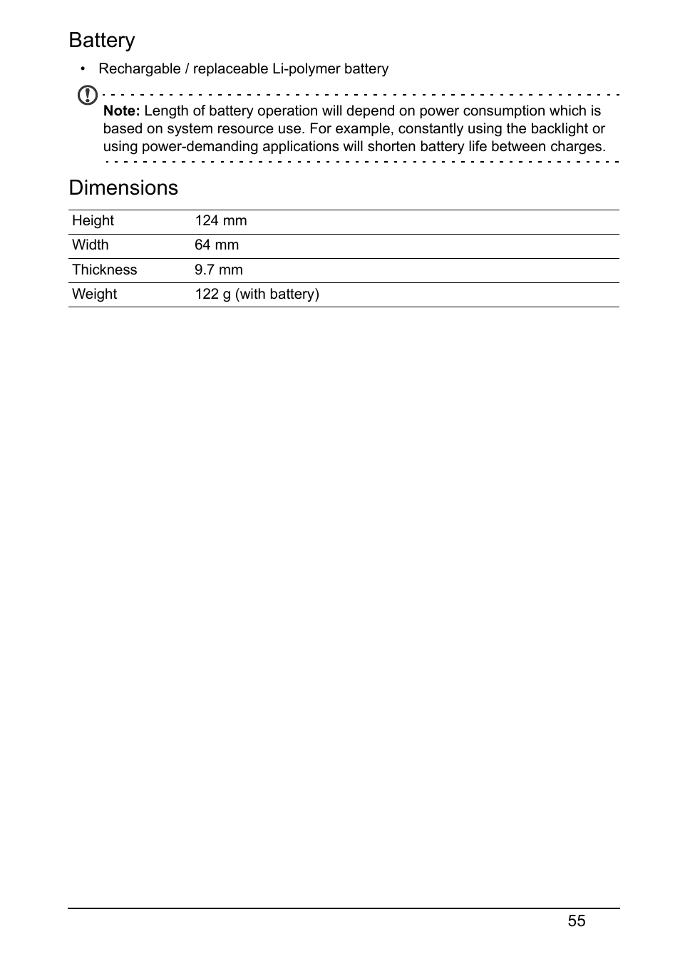 Battery, Dimensions | Acer Z160 User Manual | Page 55 / 60