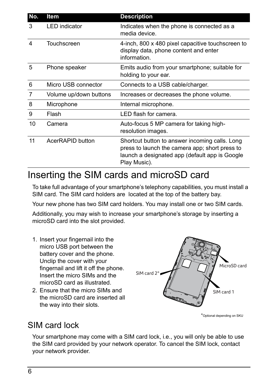 Inserting the sim cards and microsd card, Sim card lock | Acer Z160 User Manual | Page 6 / 60