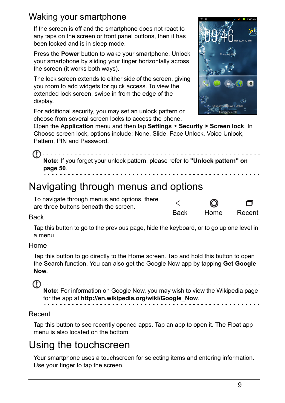 Waking your smartphone, Navigating through menus and options, Using the touchscreen | Acer Z160 User Manual | Page 9 / 60