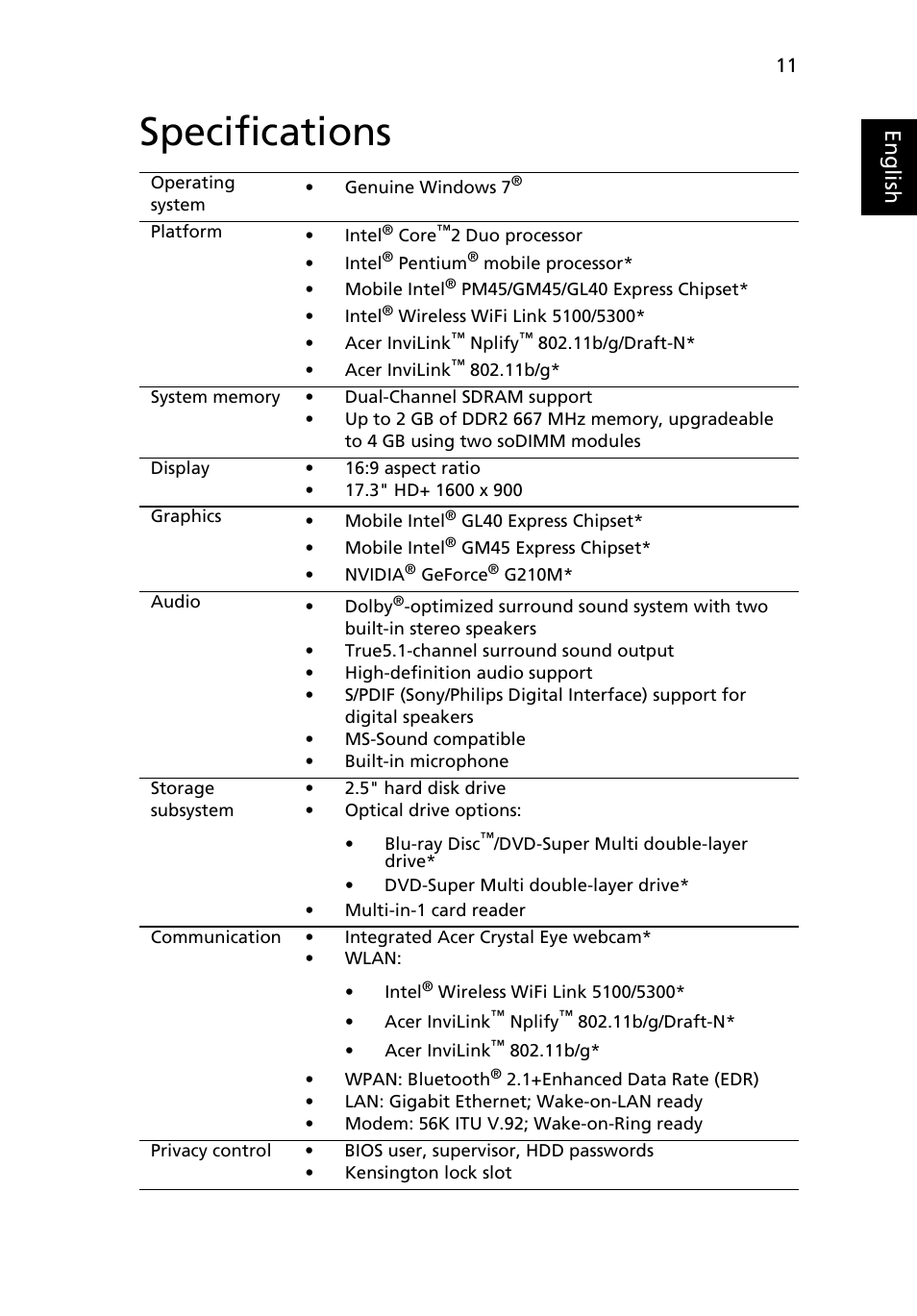 Specifications, Eng lis h | Acer Aspire 7736ZG User Manual | Page 11 / 12