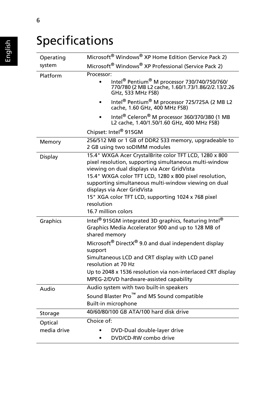 Specifications, English | Acer Aspire 1640 User Manual | Page 16 / 80