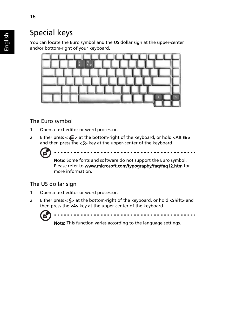Special keys | Acer Aspire 1640 User Manual | Page 26 / 80