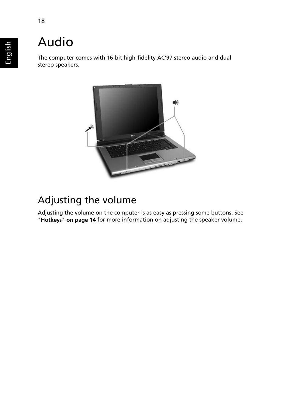 Audio, Adjusting the volume | Acer Aspire 1640 User Manual | Page 28 / 80