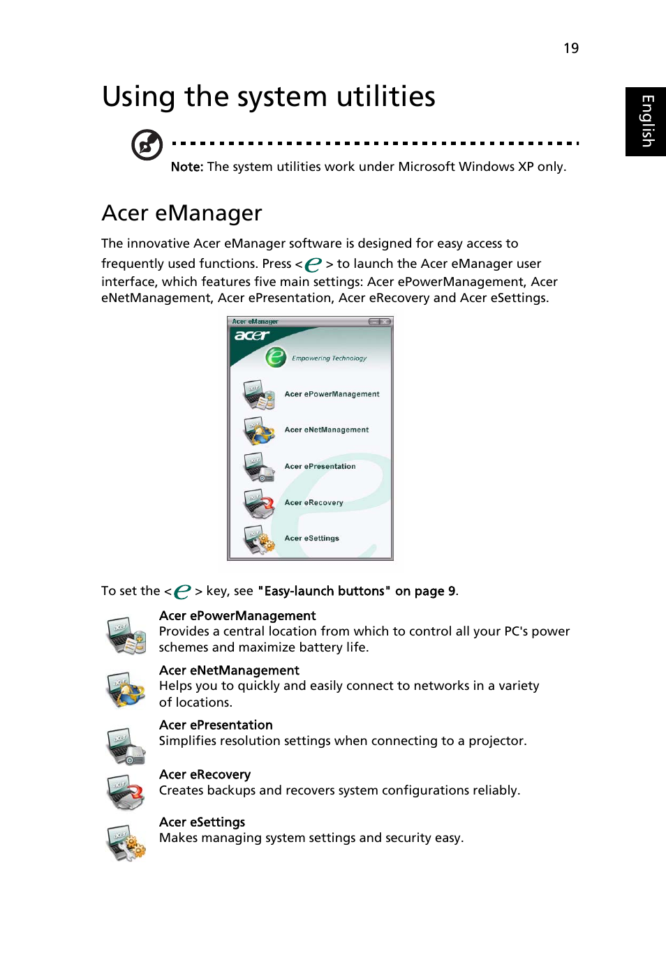 Using the system utilities, Acer emanager | Acer Aspire 1640 User Manual | Page 29 / 80